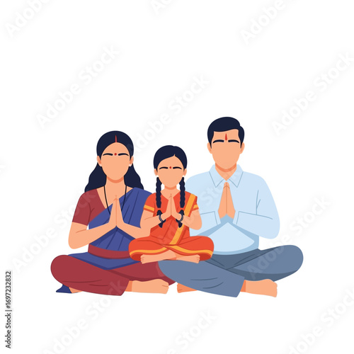 Indian family meditating together in a lotus position, wearing traditional clothing.