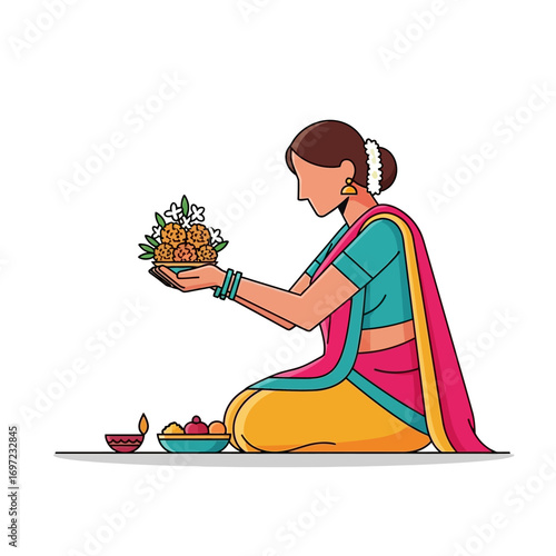 A woman in traditional Indian attire, offering a floral and sweet dish in a religious ceremony.