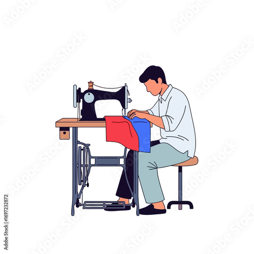 A man meticulously sews fabric on a vintage sewing machine, showcasing focused craftsmanship.