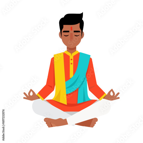 A young man in traditional Indian attire meditates peacefully in a lotus position.