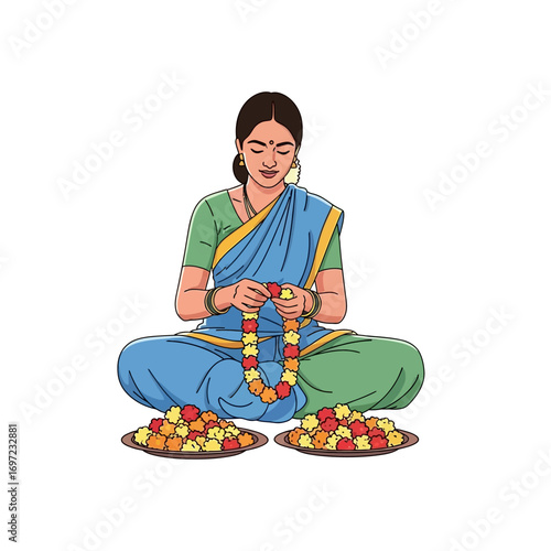 A woman in a vibrant sari meticulously crafts a floral garland, surrounded by colorful flower petals.
