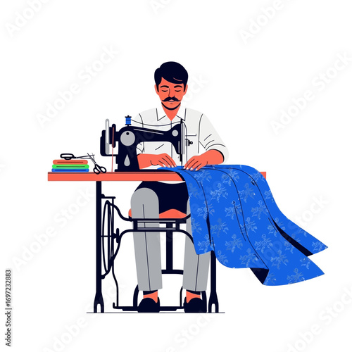 A man meticulously sews a patterned blue fabric using a vintage sewing machine at his worktable.