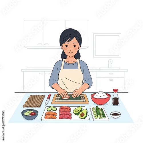 A woman in an apron prepares sushi rolls with various ingredients on a kitchen counter.