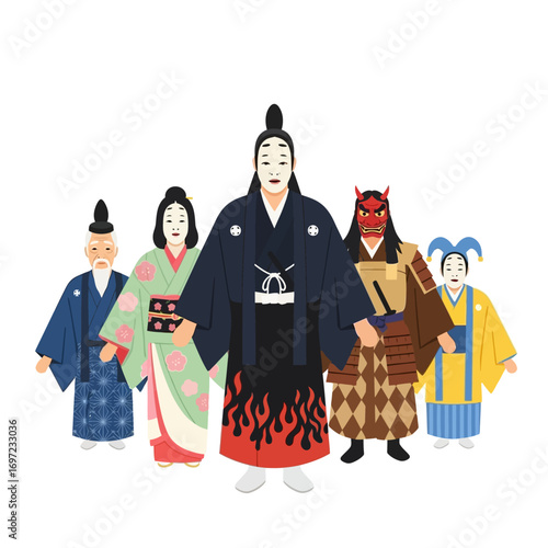 Illustration depicting a group of traditionally dressed Japanese Kabuki performers, standing together.