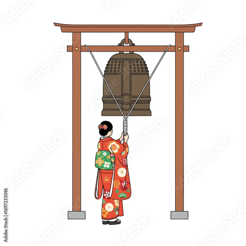 A woman in a kimono ringing a large bell at a traditional Japanese temple.