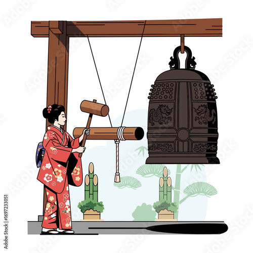 Illustration of a woman in kimono striking a large temple bell.