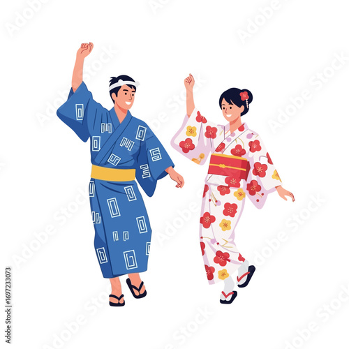 A happy couple in traditional Japanese yukata clothing dancing joyfully.