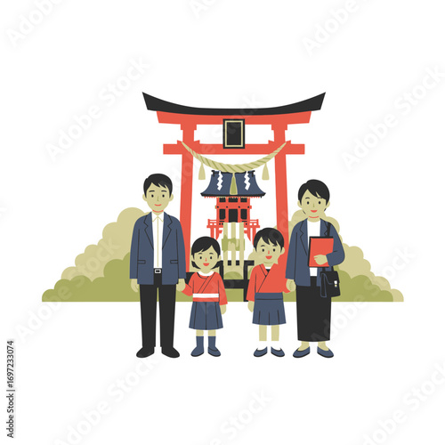 Japanese family visiting a Shinto shrine.