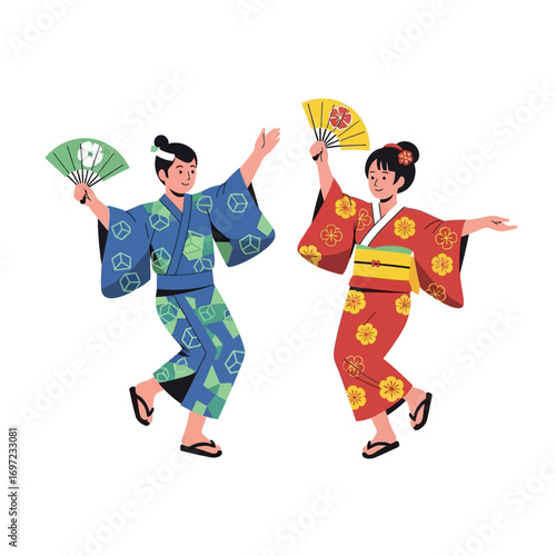 A man and a woman in traditional Japanese kimonos dancing with fans.