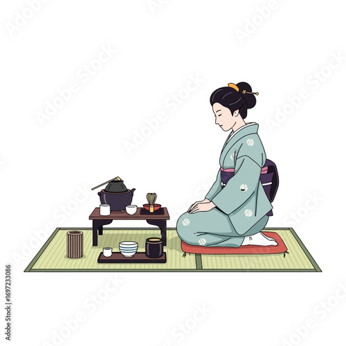 An illustration of a woman in a kimono performing a traditional Japanese tea ceremony.