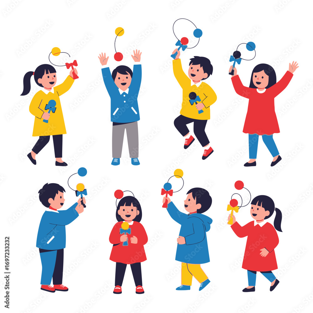 Fototapeta premium Children joyfully playing with a traditional toy, showcasing various poses and expressions.