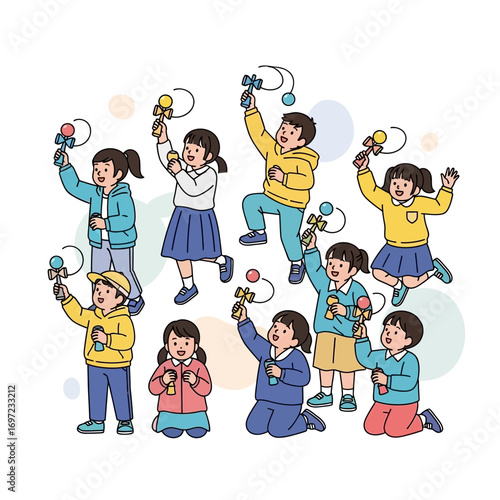 Joyful children playfully manipulate kendama, demonstrating various skills and poses.