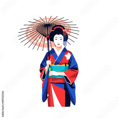 Illustration of a geisha holding a parasol, wearing a traditional kimono.