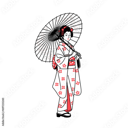 A geisha in traditional Japanese attire, holding an umbrella, depicted in a stylized line art illustration.