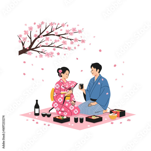 Couple in kimonos enjoying a picnic under a cherry blossom tree, drinking sake and eating from bento boxes.