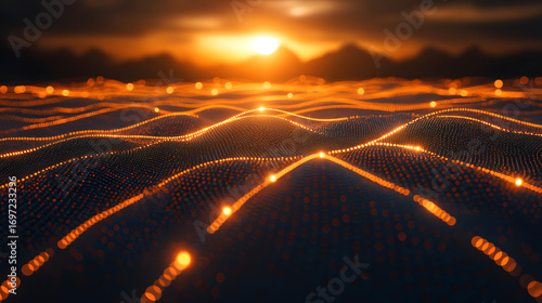 Abstract digital landscape at sunset over city,Glowing Hills Sunset Over Distant Mountain Ranges