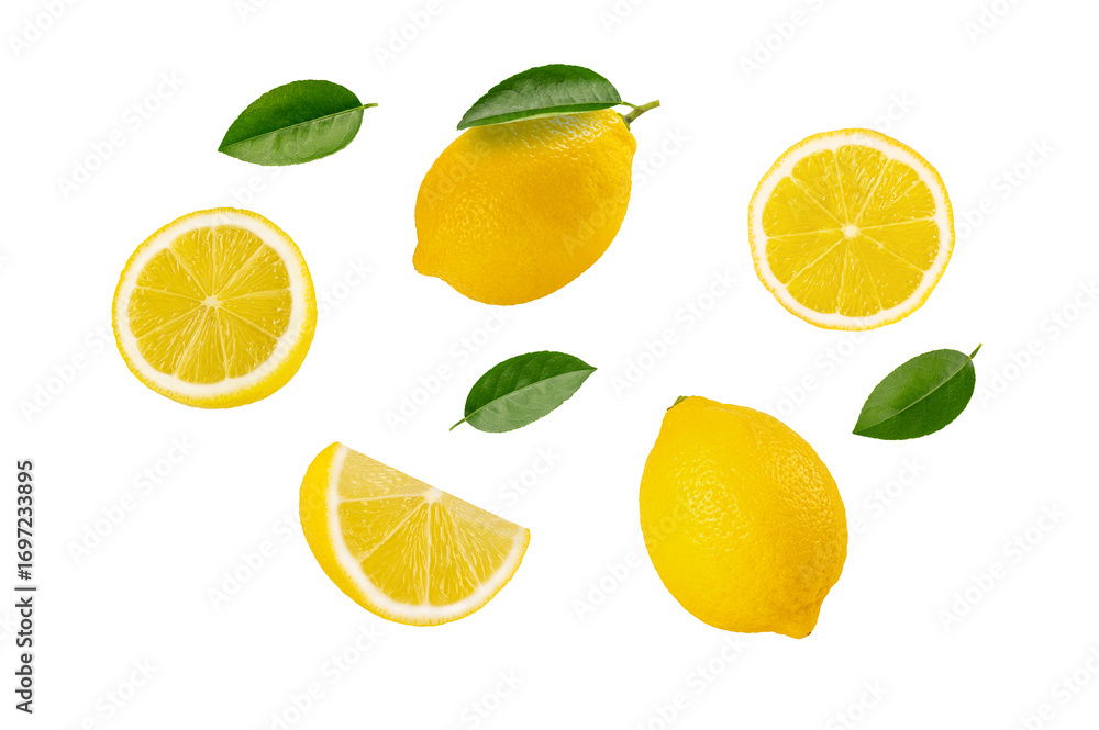 Fototapeta premium collection of lemon with slice and leaves isolated on white background.