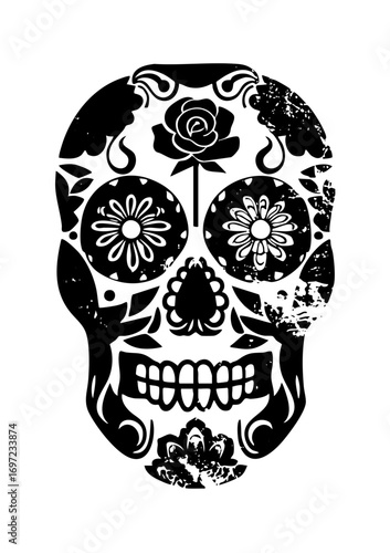 Vector Intricate black skull with floral details and decorative elements.