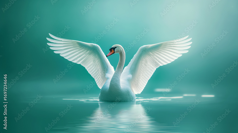 Fototapeta premium Cisne elegante com asas abertas em lago turquesa
