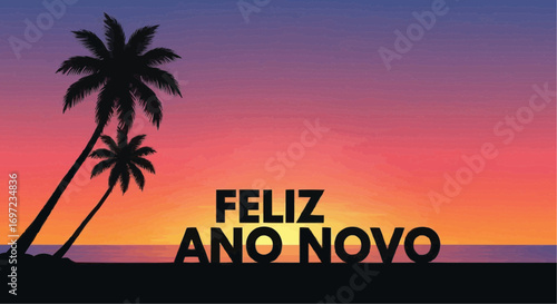 Feliz ano novo tropical beach sunset palm trees happy new year wishes greeting card celebration background vector