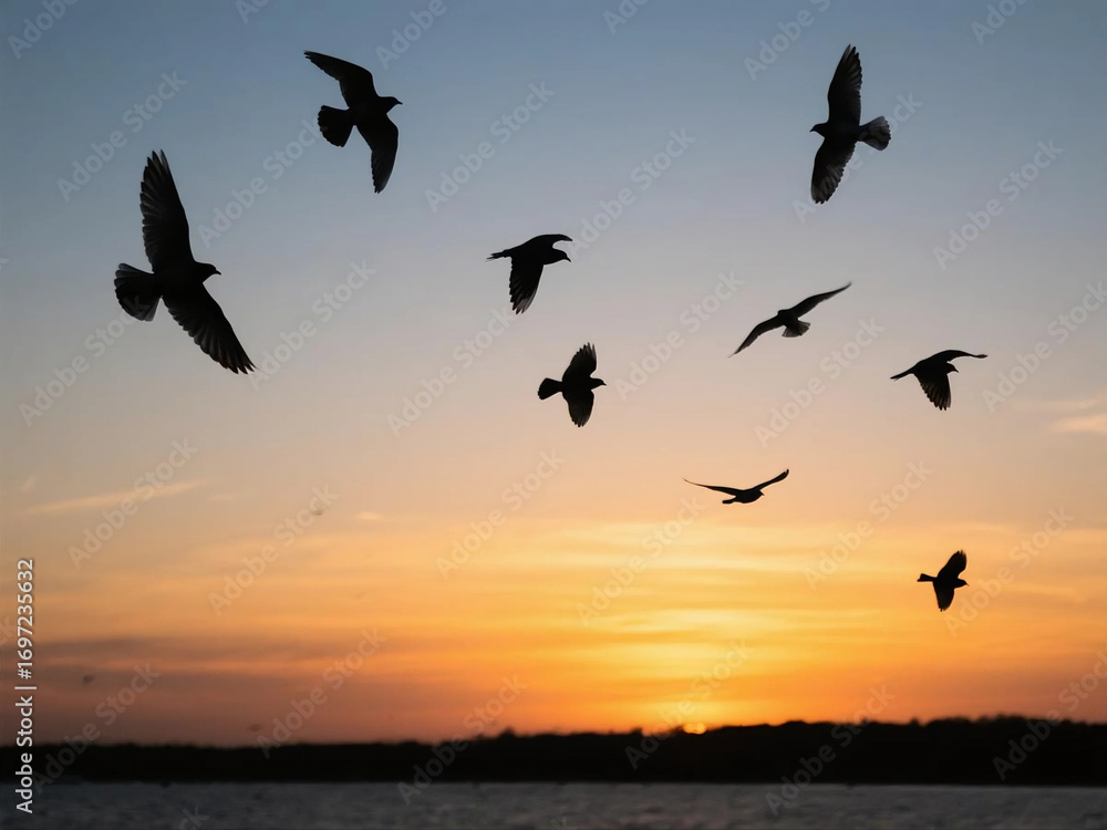 Fototapeta premium Birds in Flight Silhouetted Against a Sunset Sky Over Water, Serene Nature Scene