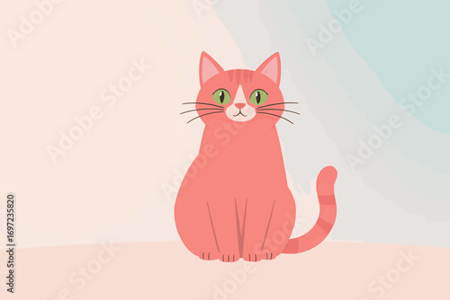 Flat stylized cat sitting on empty pastel background