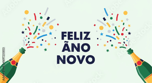 Feliz ano novo new year celebration with champagne bottle and confetti vector illustration design template vector