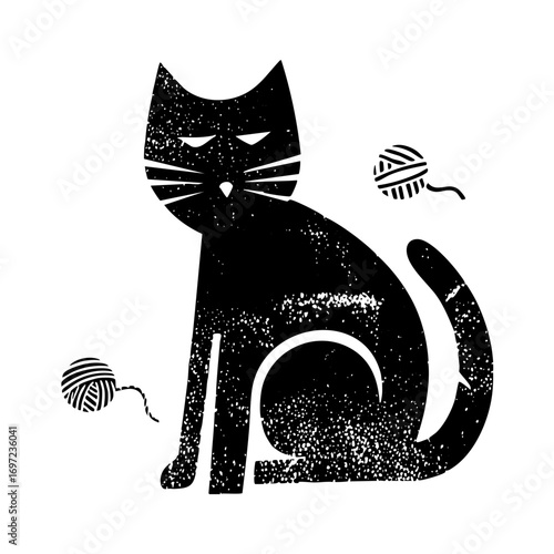 Vector Black cat with yarn balls