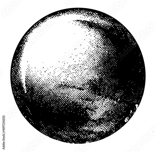Vector Halftone portrait of a contemplative face within a circular frame.