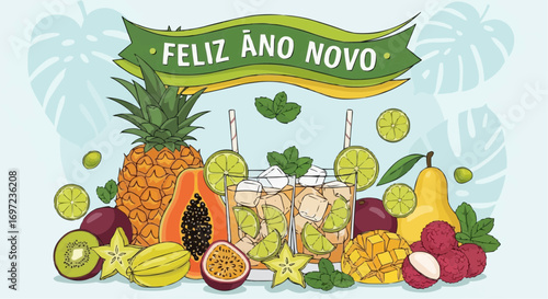 Feliz ano novo tropical fruit cocktail party banner vector illustration for new year celebration design vector