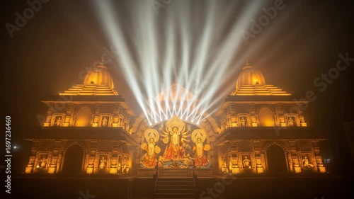 Spectacular Night View of Durga Puja Pandal with Goddess Durga Idol Illuminated by Stage Lighting