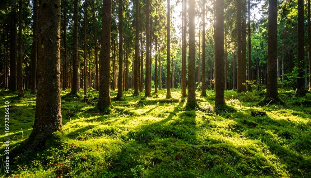 Fototapeta premium Sunlit woodland scene with lush vegetation and towering tree trunks