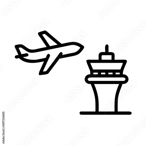 An illustration depicts an airplane flying towards an airport control tower. This graphic image represents travel and air traffic