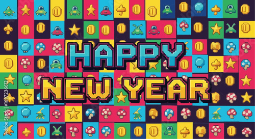 Happy new year pixel art background with coins stars mushrooms and spaceships for festive celebrations vector