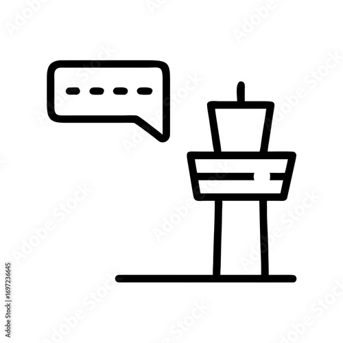 Illustration of an airport control tower and a speech bubble representing communication. The image evokes the ideas of aviation guidance, airport operations, and flight instructions