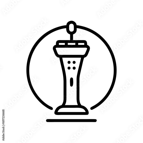 A black and white illustration of an airport control tower