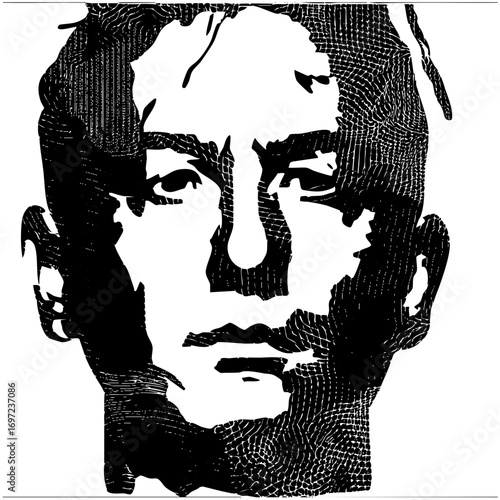 Vector Intricate portrait of a mans face with textured details.