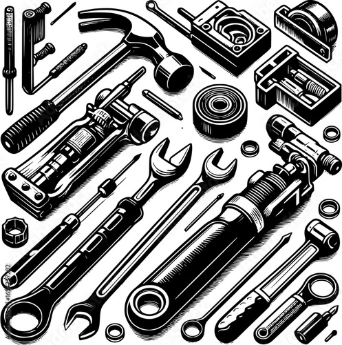 Minimalist black and white vector icon of tools with clean lines, modern, scalable, and isolated for versatile use.
