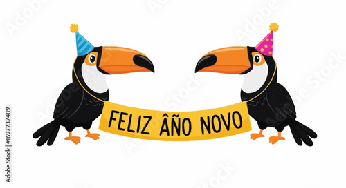 Feliz ano novo toucan birds celebrating new year party hats banner vector illustration design art vector
