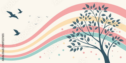 Harmonious Ecosystem: A colorful illustration depicts a tree and birds with an artistic color pallete, the gentle curves and soft hues bring a sense of peace and serenity.