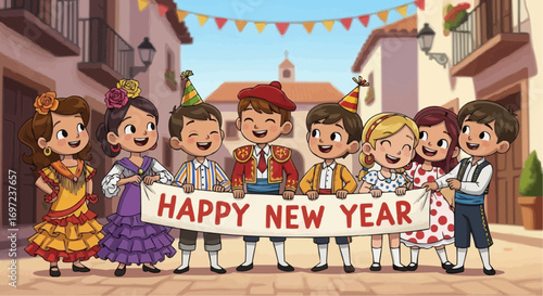 Cartoon happy new year celebration with children in traditional clothing holding banner in town square scene vector
