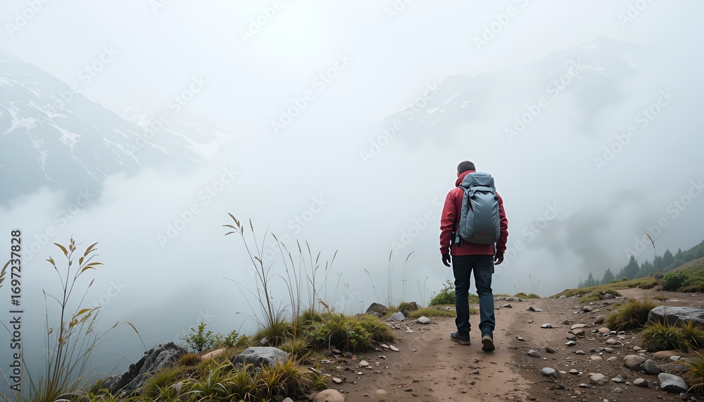 Fototapeta premium A lone traveler with a backpack walks through a misty mountain landscape in peaceful contemplation.
