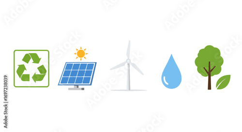 Set of icons representing renewable energy sources and environmental protection