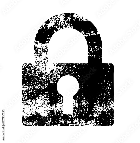 Vector Distressed black padlock with open shackle.