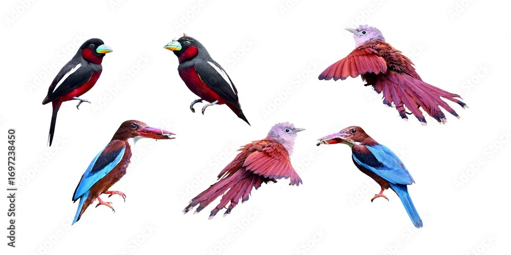 Obraz premium A collection of various tropical birds on a white background.