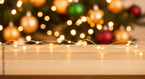 Christmas tree with blurred ornaments bokeh lights  a lightstrung wooden table