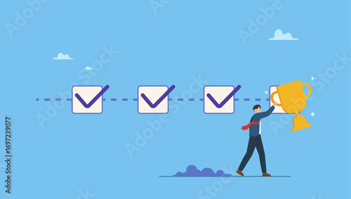 Success businessman holding winner trophy with habit checklist. Habits or routine to success, checklist or factors to succeed and achieve goal, winner progress, planning, procedure or process.
