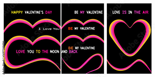 Happy valentines day messages and hearts with colorful stripes on black background