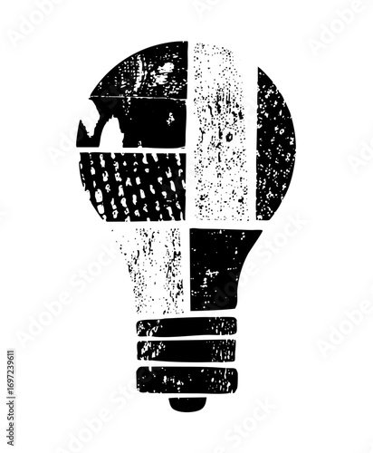 Vector Distressed monochrome lightbulb conveys innovation.