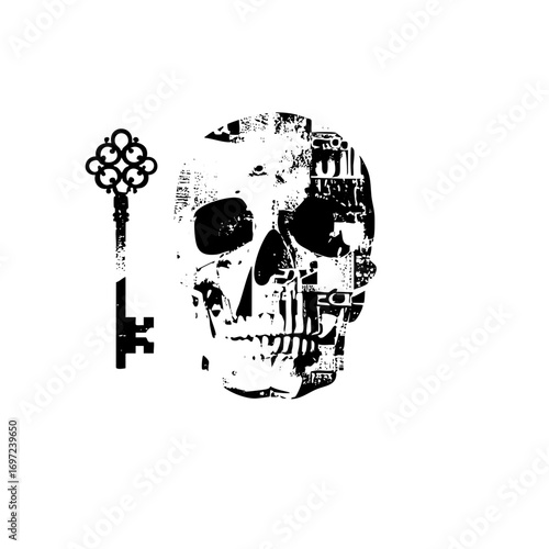 Vector Skull and ornate key in monochrome.